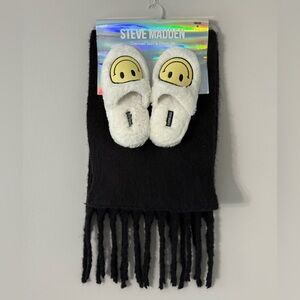 Steve Madden White Fuzzy Slippers with Smiley Face and Oversized Scarf